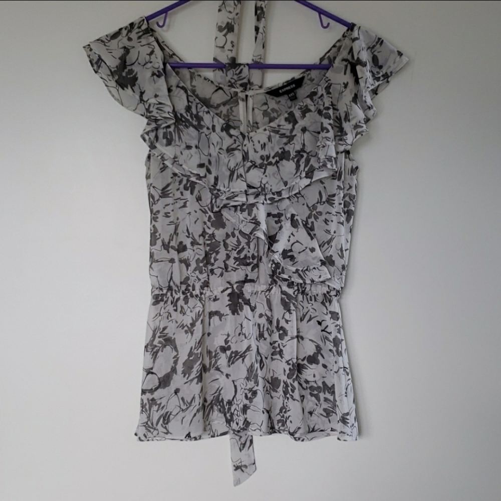 Express grey Floral Ruffle Top
